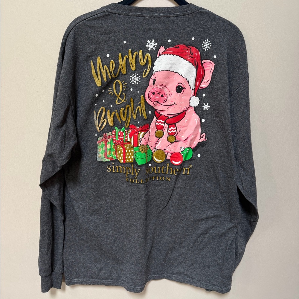 Simply Southern Gray Long Sleeve Tee Large Merry & Bright Glitter Sparkle Pig